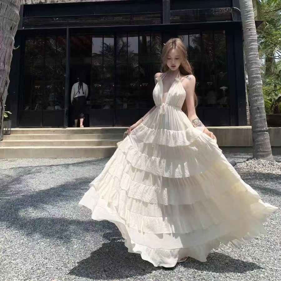 Thailand Beach Vacation Halter-Neck Lotus-Leaf Dress