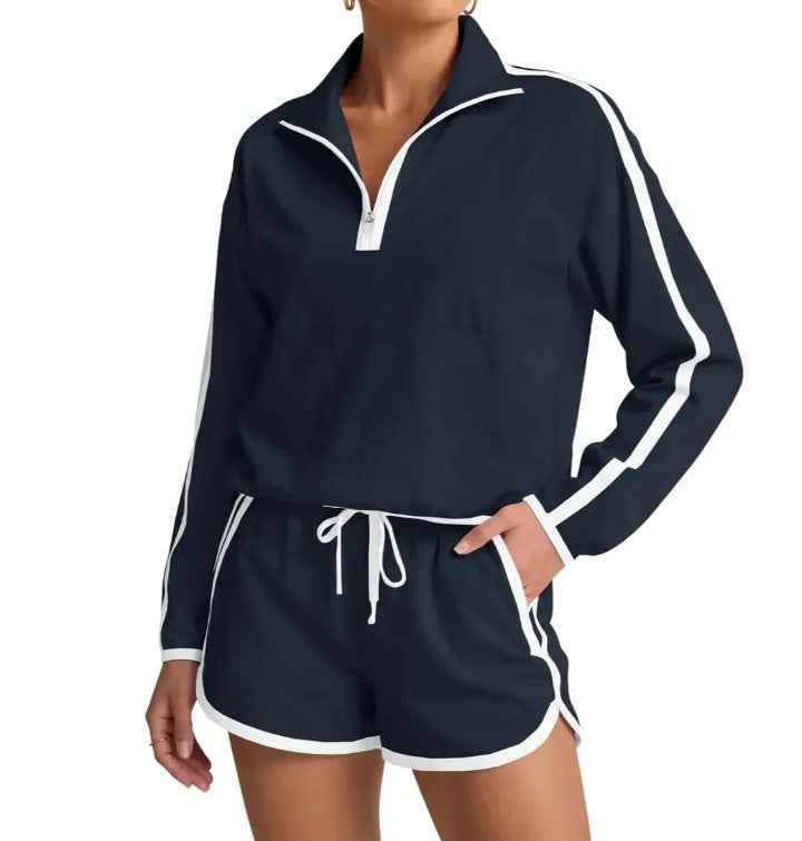 Women's Striped Long Sleeve Top & Drawstring Shorts Set