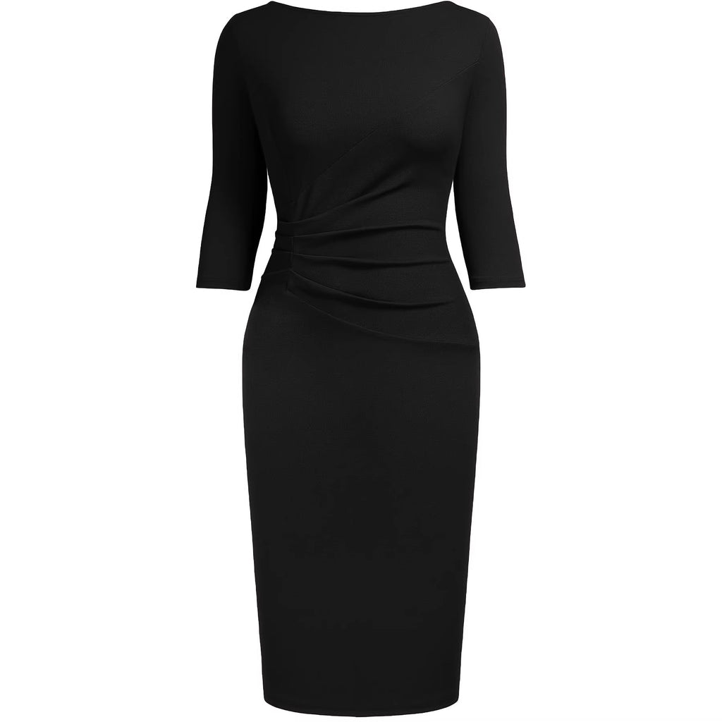 Three-Quarter Sleeve Asymmetrical Pleated Bodycon Midi Dress