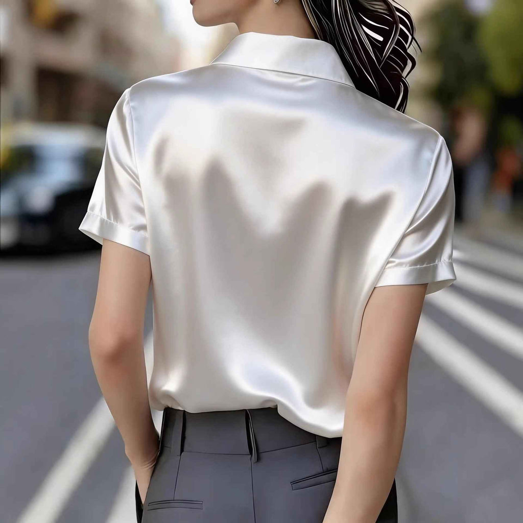 Elegant, Sophisticated Satin Short-sleeve Blouse With Double Pockets