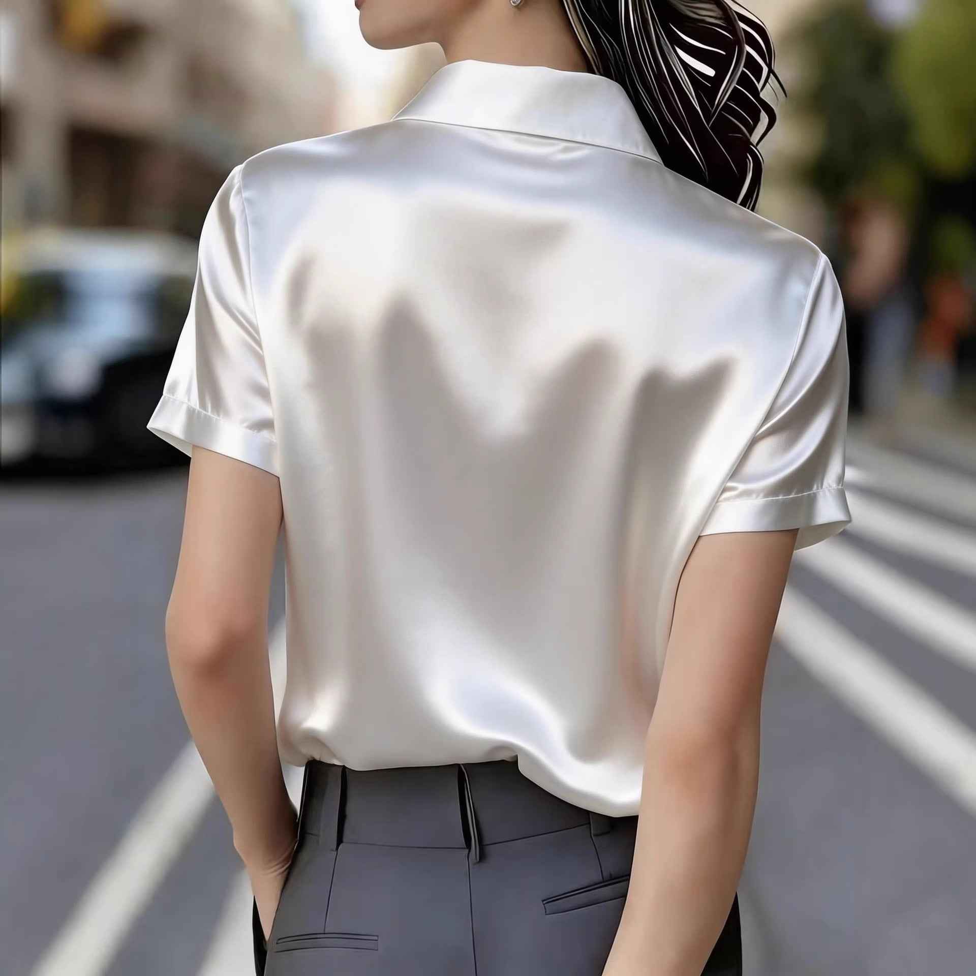 Elegant, Sophisticated Satin Short-sleeve Blouse With Double Pockets