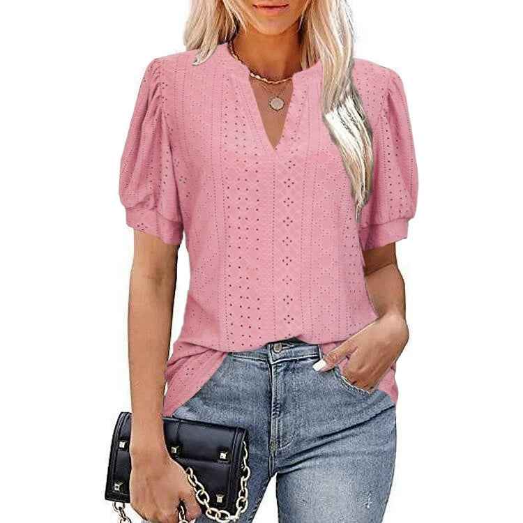 Women's Puff Sleeve V-Neck Top — Hollow-Out Loose Summer T-Shirt