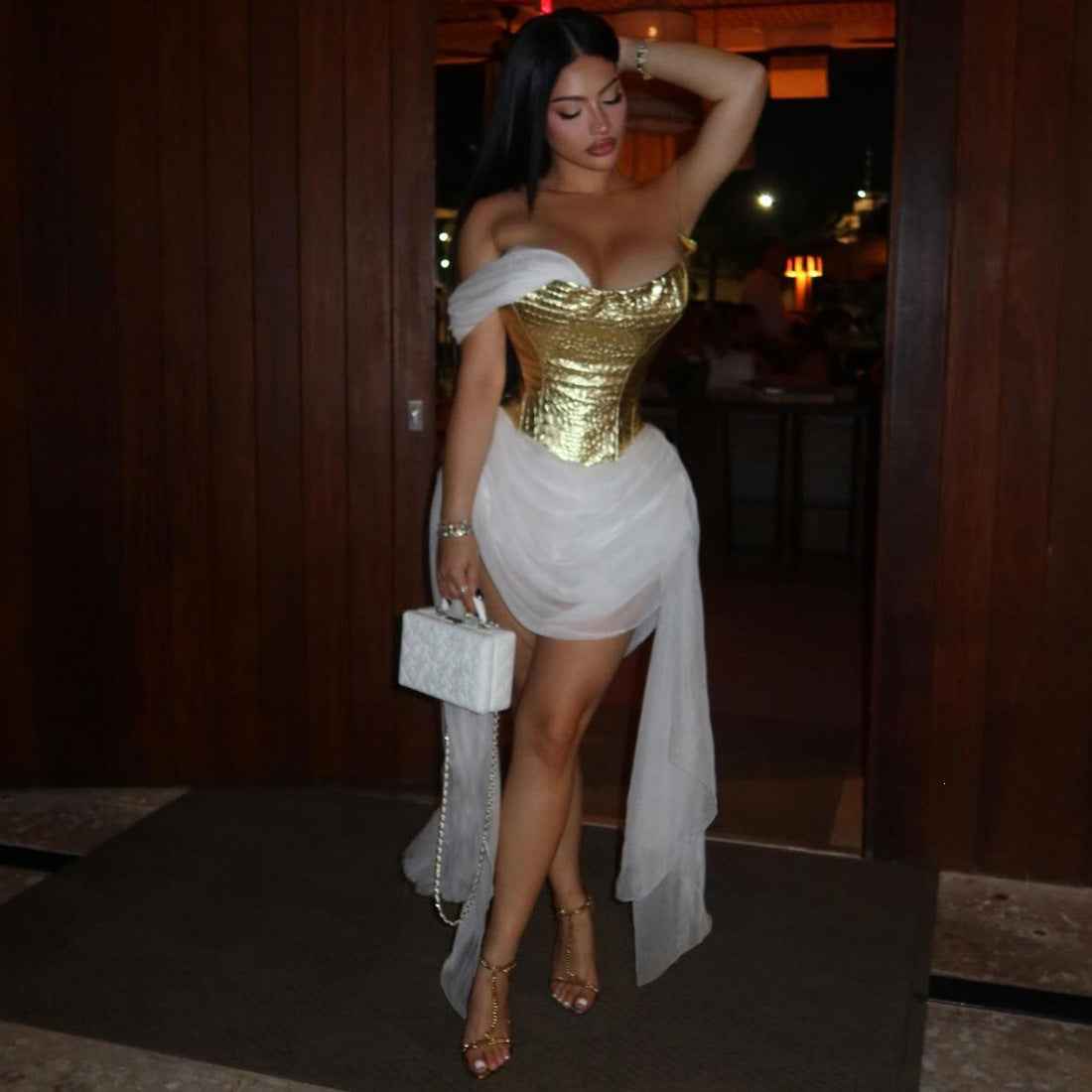 Womens Shiny Mesh-spliced Fashion Dress With Flowing Ribbons