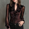 Velvet Patchwork Blouse — Lantern Sleeve, Embroidered, Defined Waist