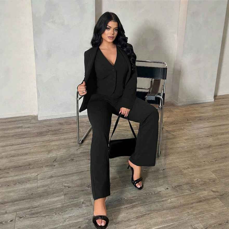 Cropped-Waist Three-Piece Suit Set – Long Sleeve Work Outfit