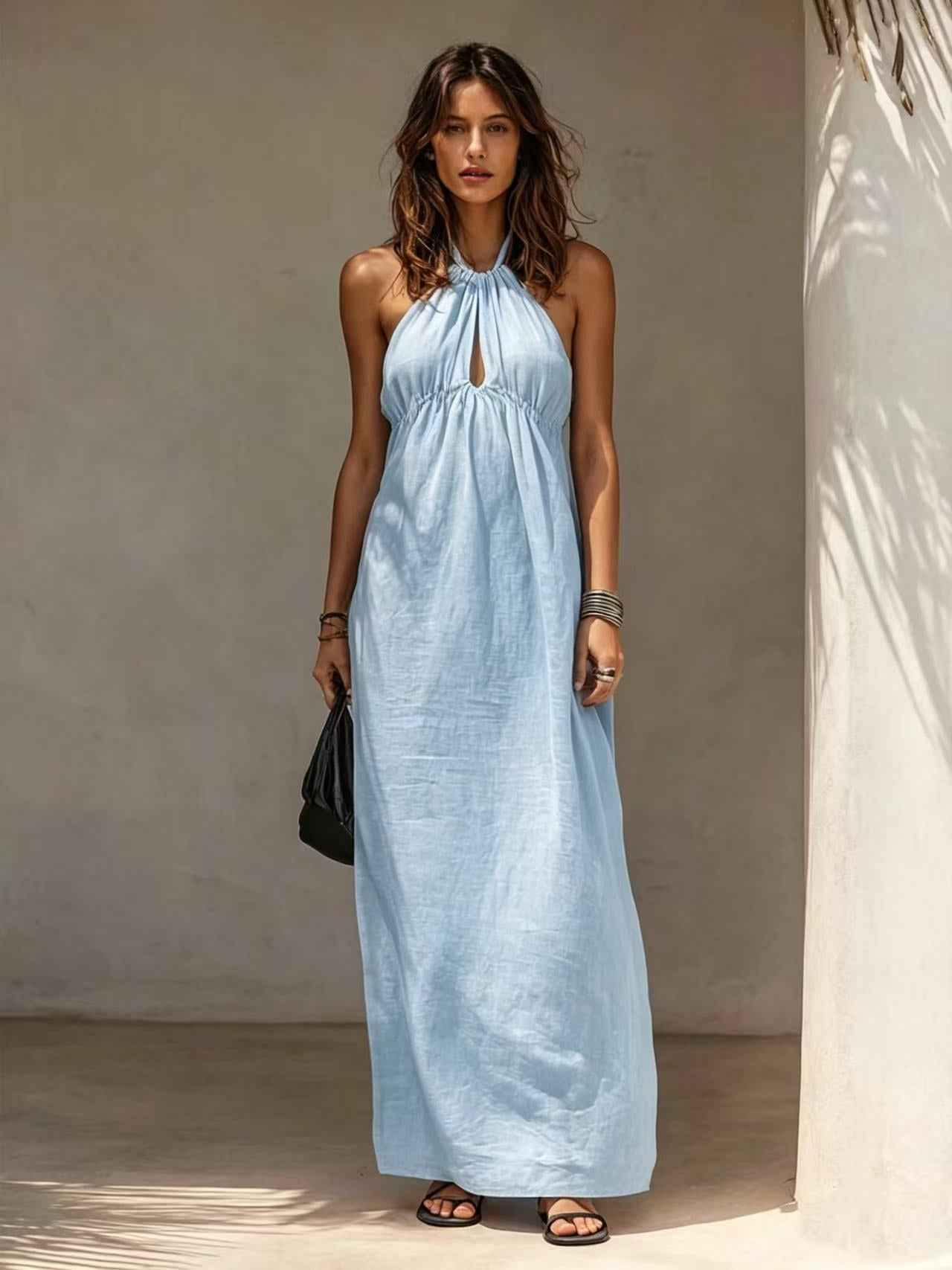 Womens Solid-color Long Halter-neck Dress