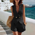 Womens Solid-Color Minimalist Elegant Sleeveless Tank Top And Shorts Set