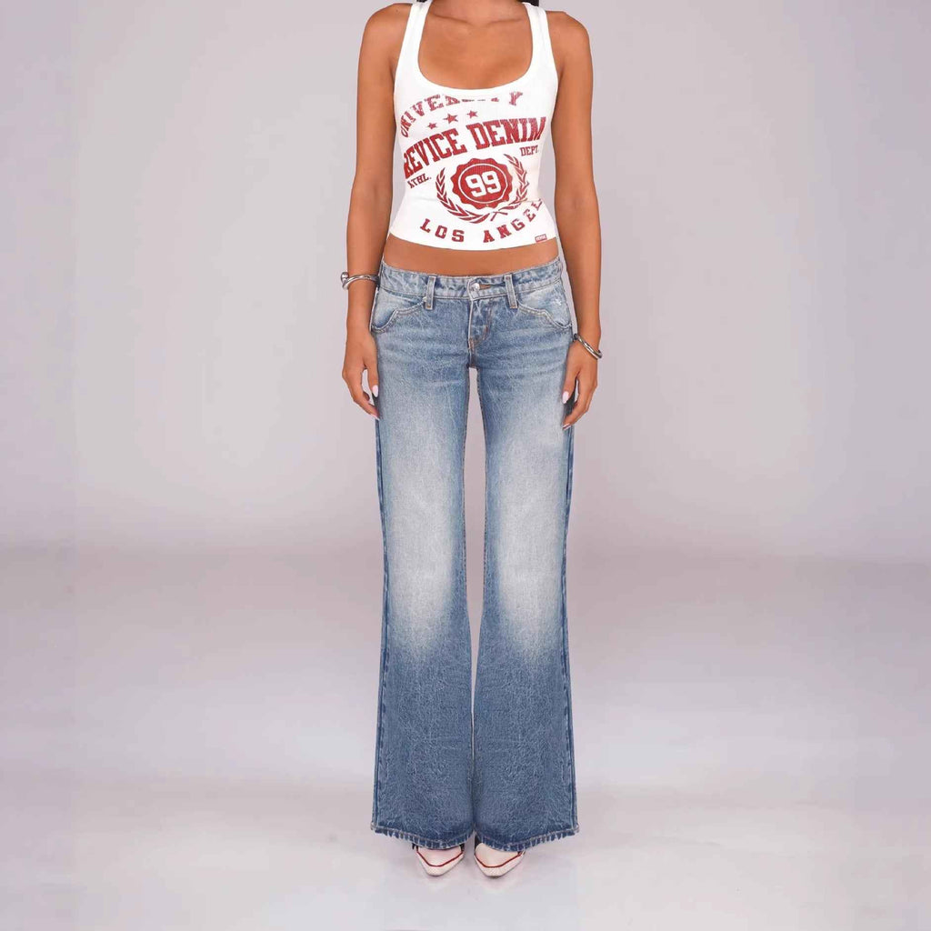 Low-Rise Straight-Leg Denim Jeans – Washed Blue Street Style