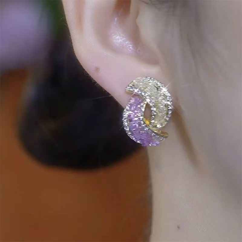 Trendy Purple Rhinestone Color Contrast Studs, Sparkling Niche Earrings For Women