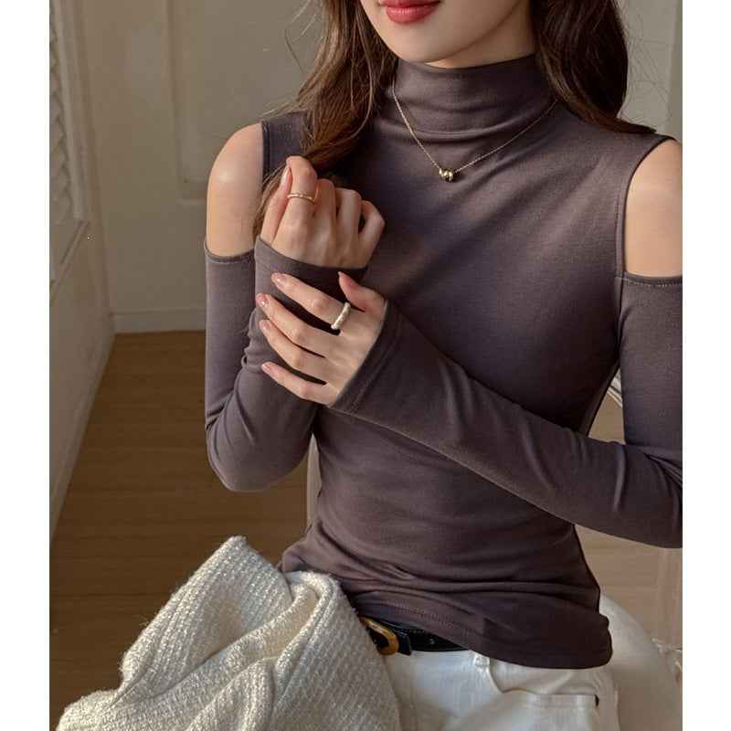 Mock Neck Off-Shoulder Slim-Fit Long-Sleeve Top — 4 Colours