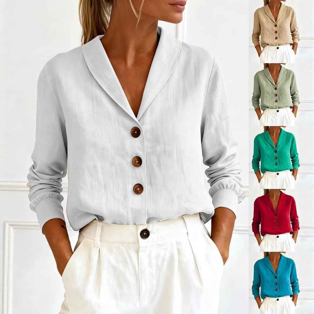Solid Colour Cotton Long-Sleeve Collar Button-Up Shirt