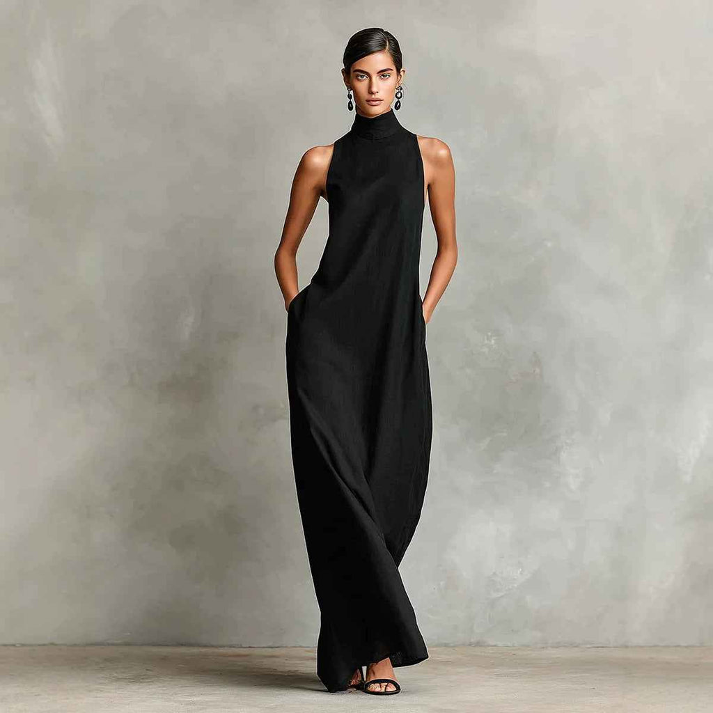 Linen Turtleneck Sleeveless Maxi Loose-fitting Minimalist Casual Style Long Dress