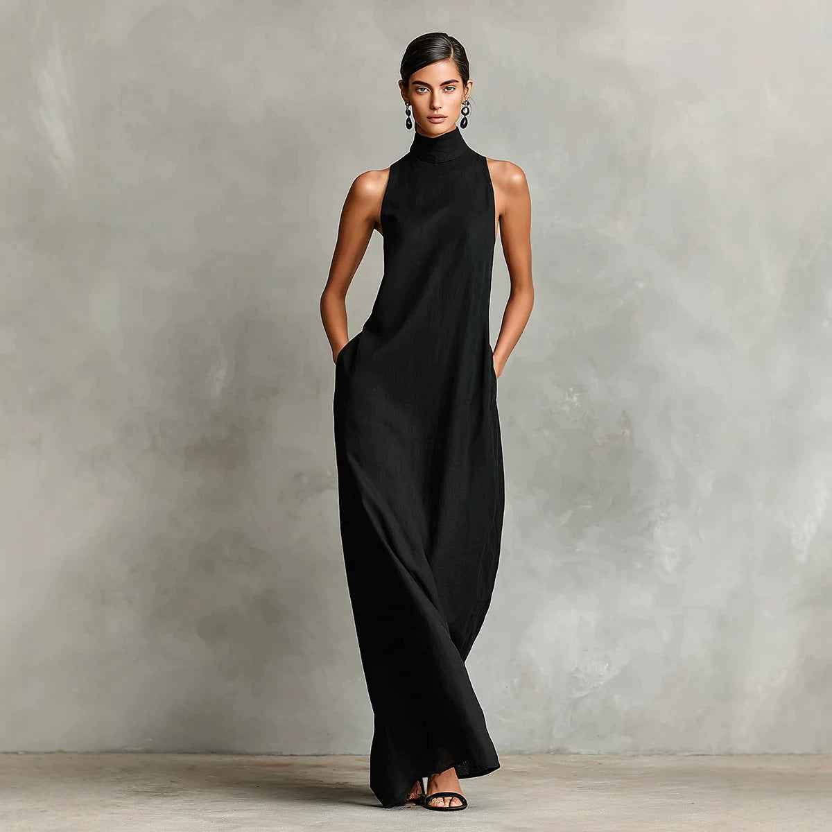 Linen Turtleneck Sleeveless Maxi Loose-fitting Minimalist Casual Style Long Dress