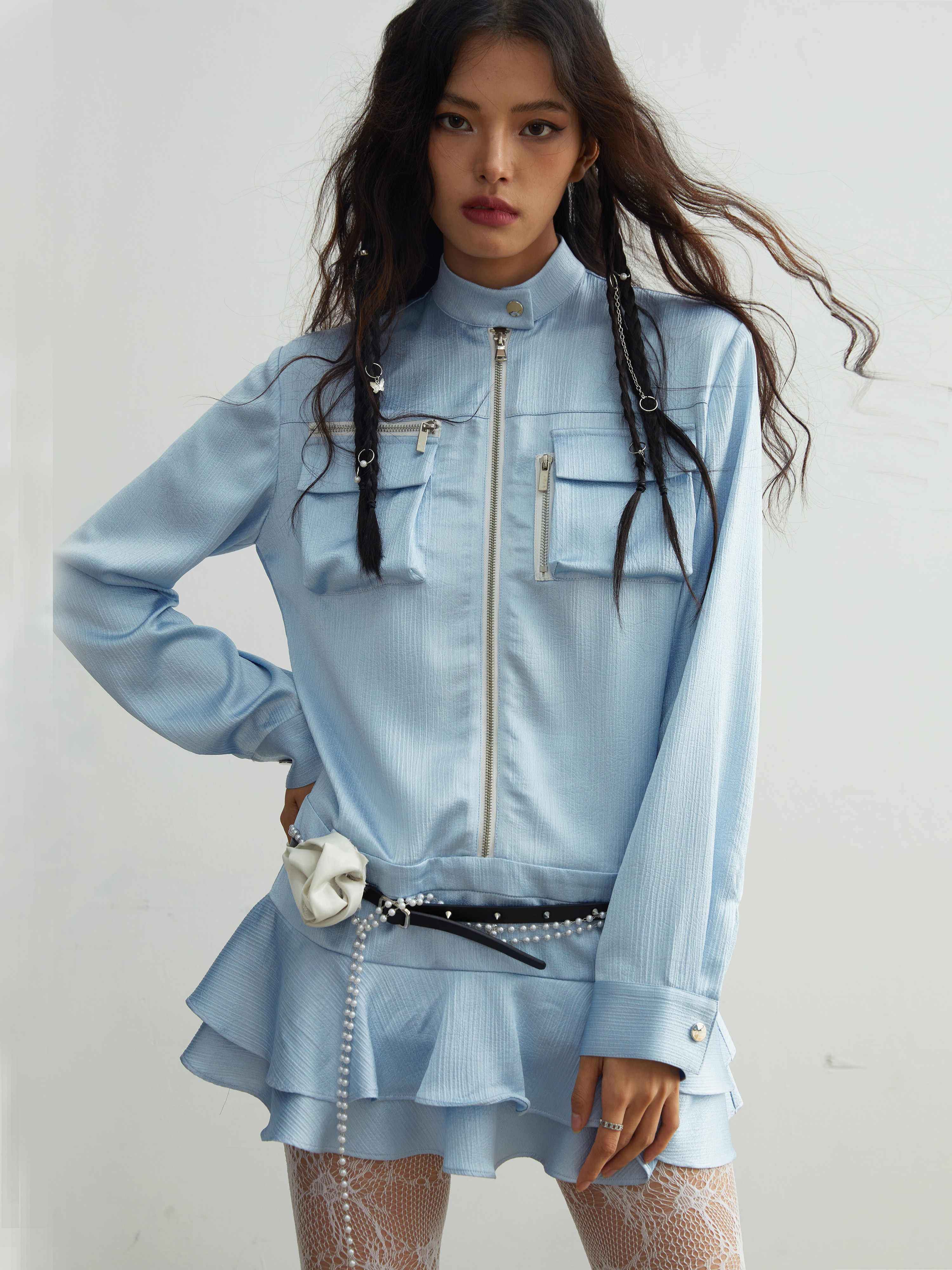 Women's Satin Shirt Skirt with 3D Pockets