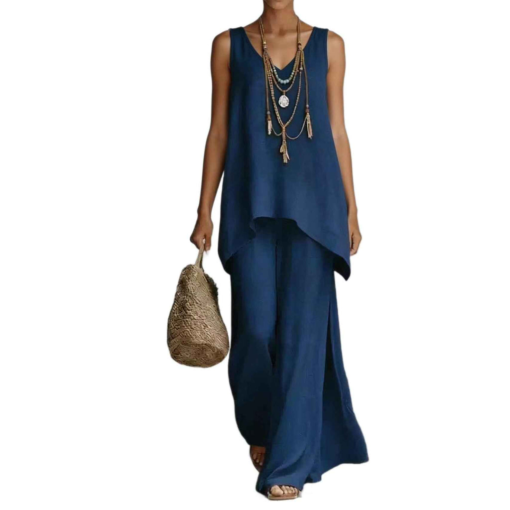 Bohemian V-Neck Vest & Wide-Leg Pants Set