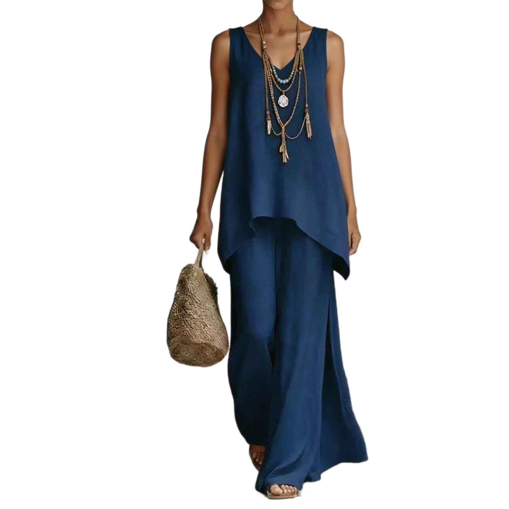 Bohemian V-Neck Vest & Wide-Leg Pants Set