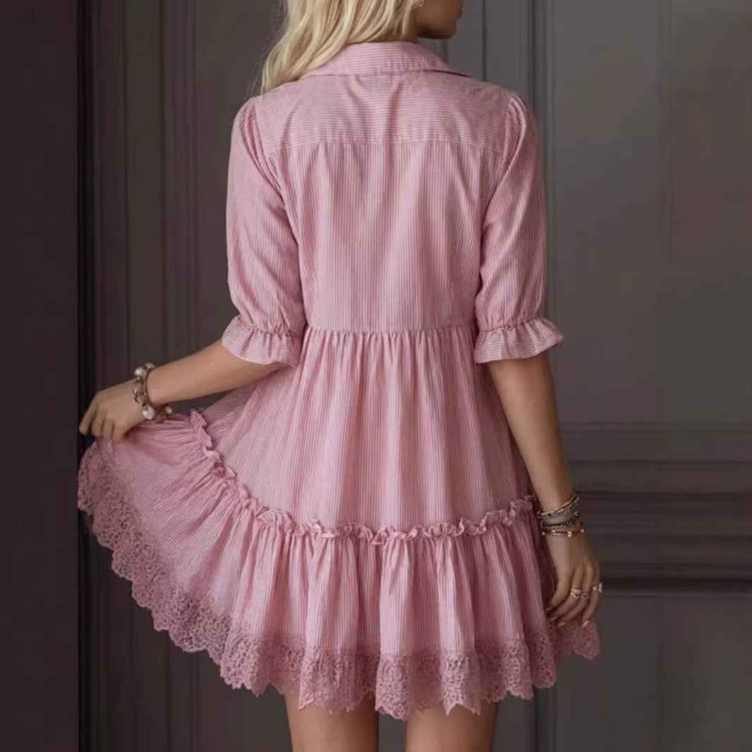 Pink Ruffle Sleeve Lace-Trim Shirt Mini Dress