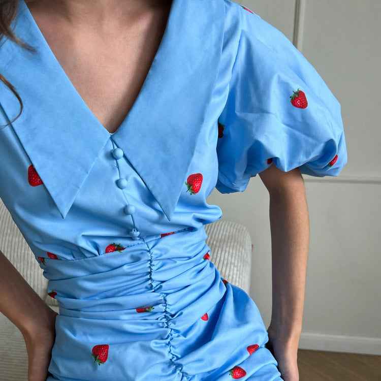 Strawberry Print Puff-Sleeve Pointed Collar Ruched Bodycon Mini Dress