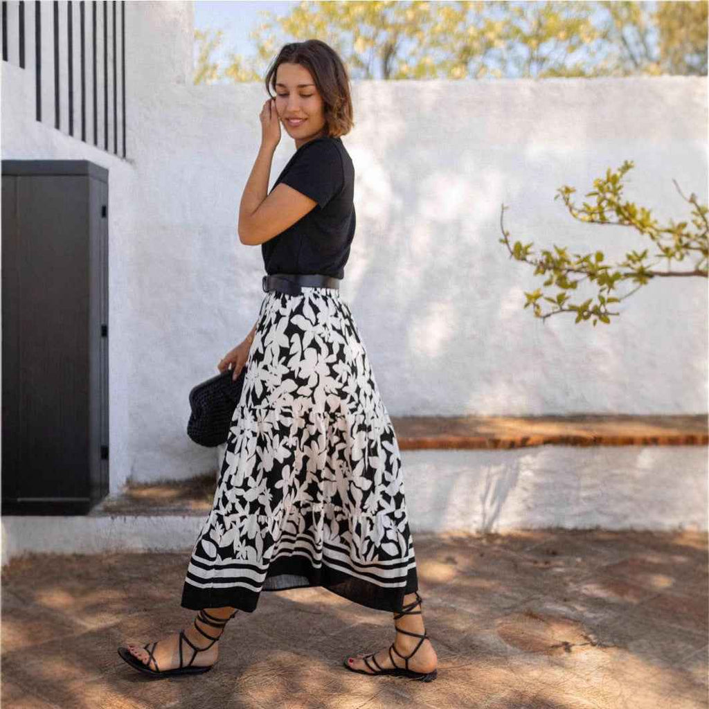 Women's Botanical Print Flared A-Line Midi Skirt