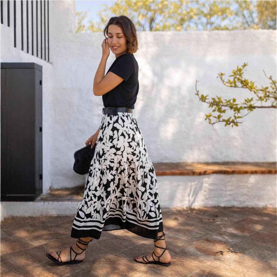 Women's Botanical Print Flared A-Line Midi Skirt