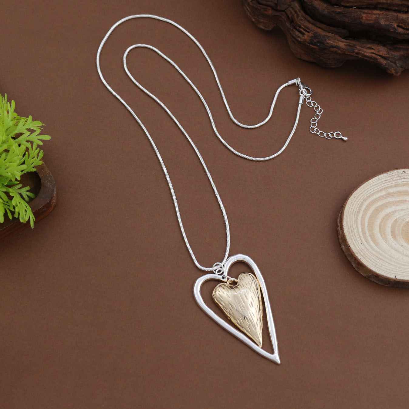 Heart Pendant Long Necklace – Gold & Rose Gold Electroplated Alloy