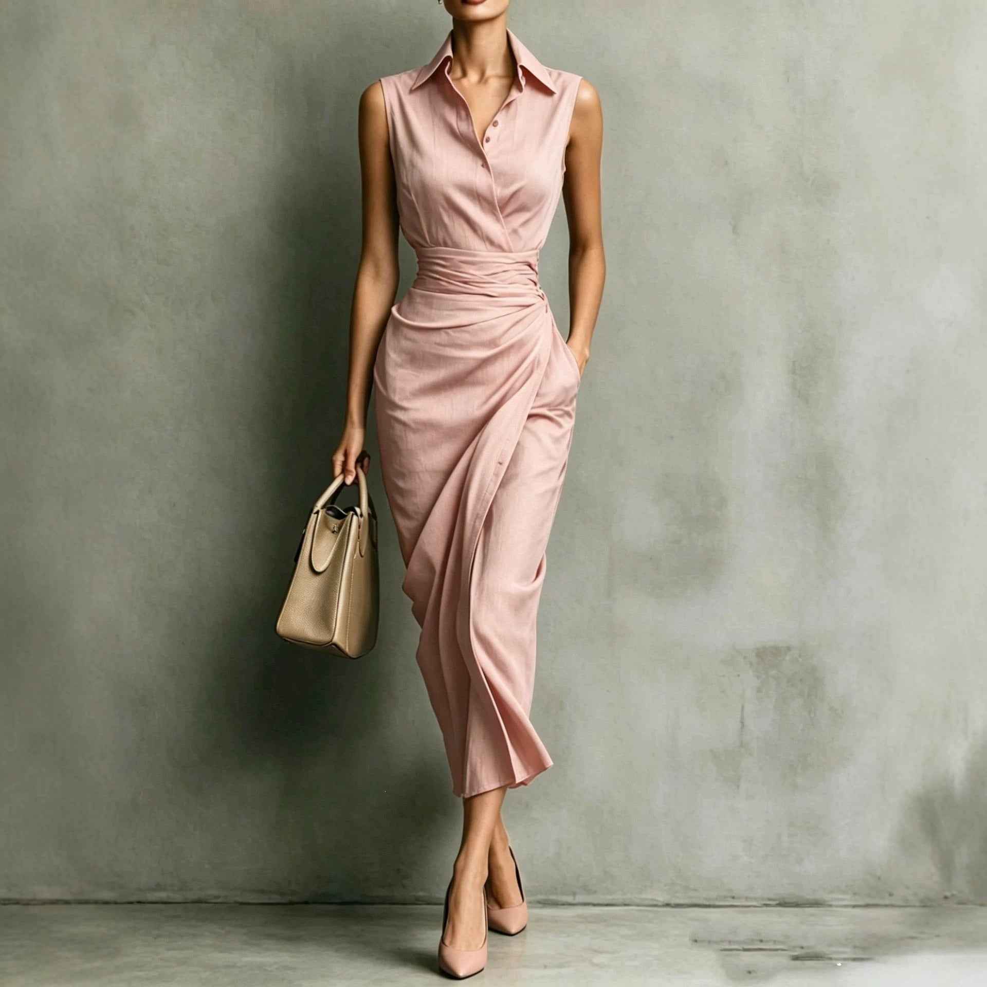 Asymmetrical Sleeveless Linen-Blend Midi Dress — High-Waist