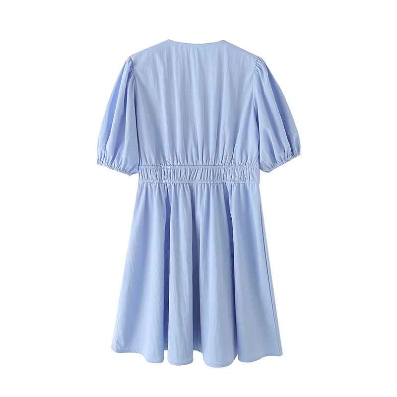 Bow-tie Deep V-neck High-waisted Lantern-sleeve Short A-line Dress