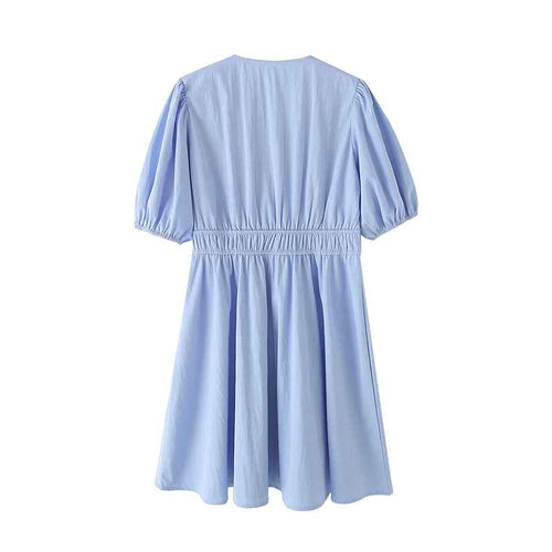 Bow-tie Deep V-neck High-waisted Lantern-sleeve Short A-line Dress