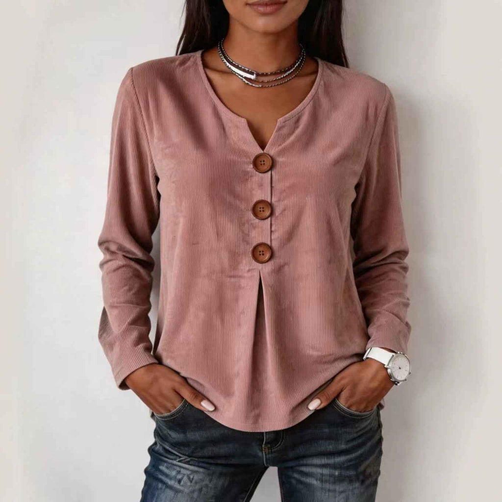 V-neck Buttoned Fashion Casual Long-sleeve Top
