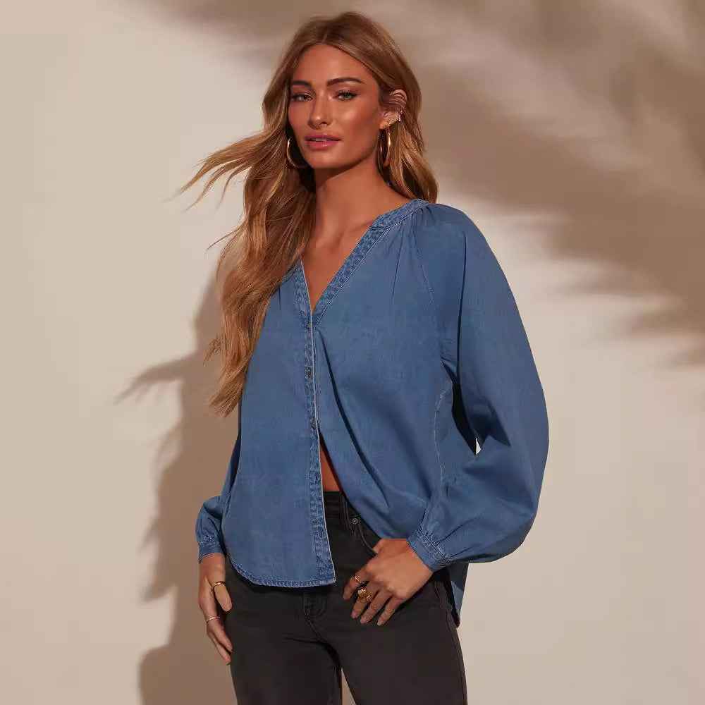 Loose-fit V-neck Washed Denim Long-sleeve Top