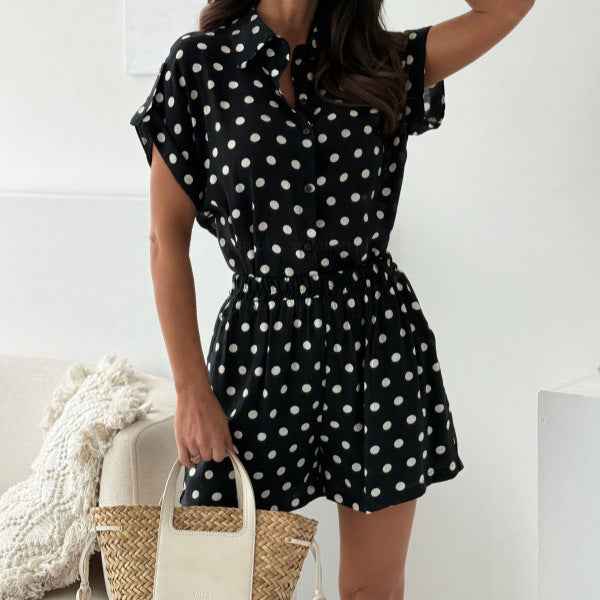 Retro Polka-Dot Short-Sleeve Shirt & Shorts Set — Elegant Two-Piece