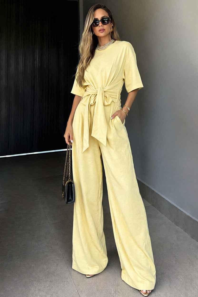 Round-neck Short-sleeve Top And Loose Wide-leg Pants Set