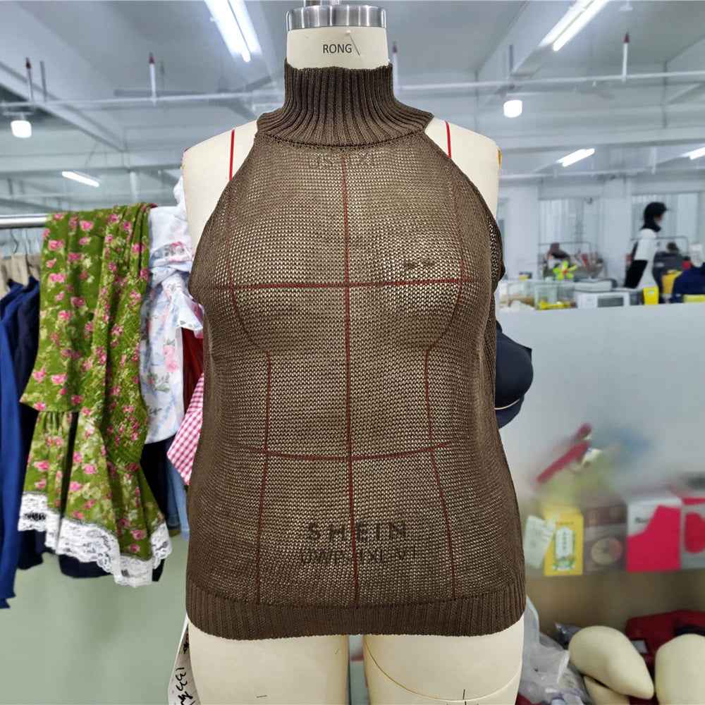 Womens Solid-color Loose-fitting Casual Hollow-out Pullover Top