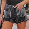 Distressed Denim Shorts — Fringe & Chain Detail