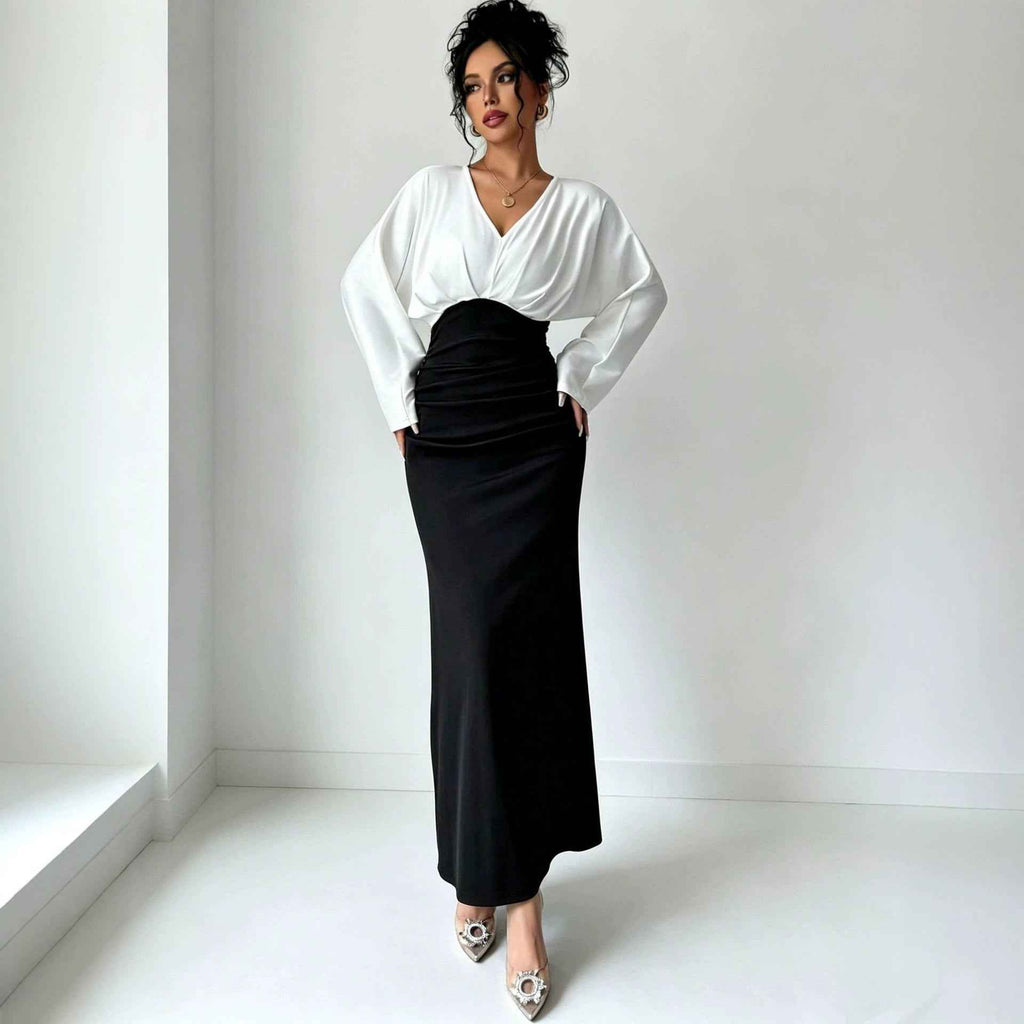 Womens Solid-Color Patchwork Long-Sleeve Slim-Fit Dress