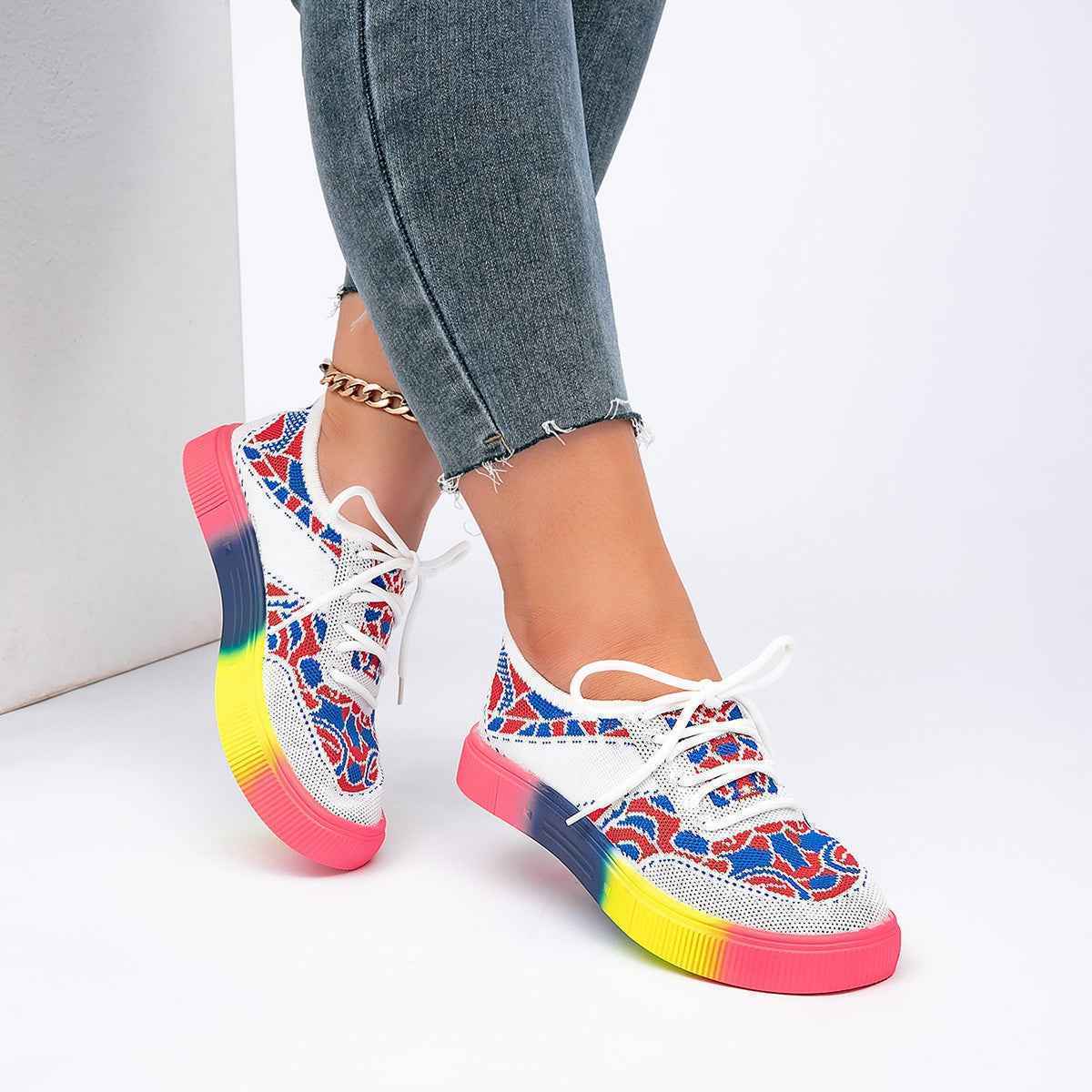 Chunky Sole Lace-Up Sneakers — Floral, Breathable, EU 36–43
