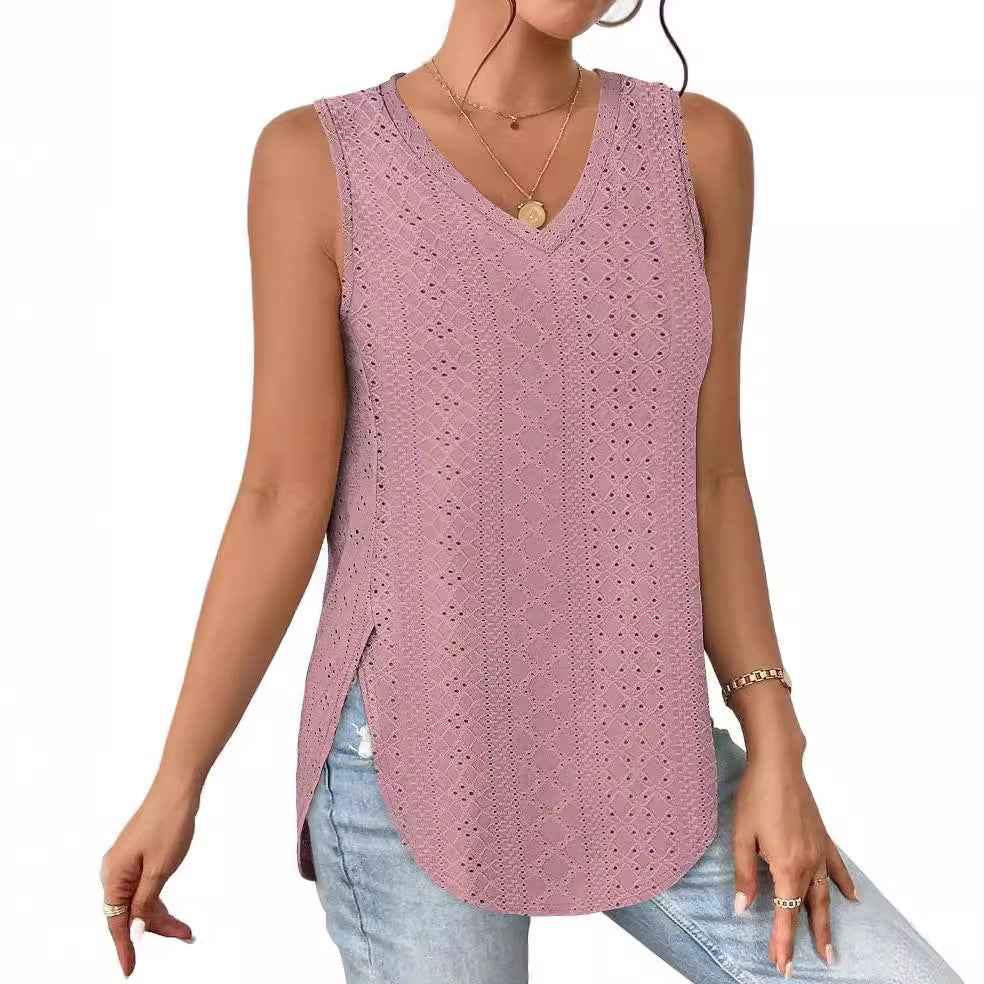 Women's Eyelet Jacquard Sleeveless Top – V-Neck Hollow-Out Vest