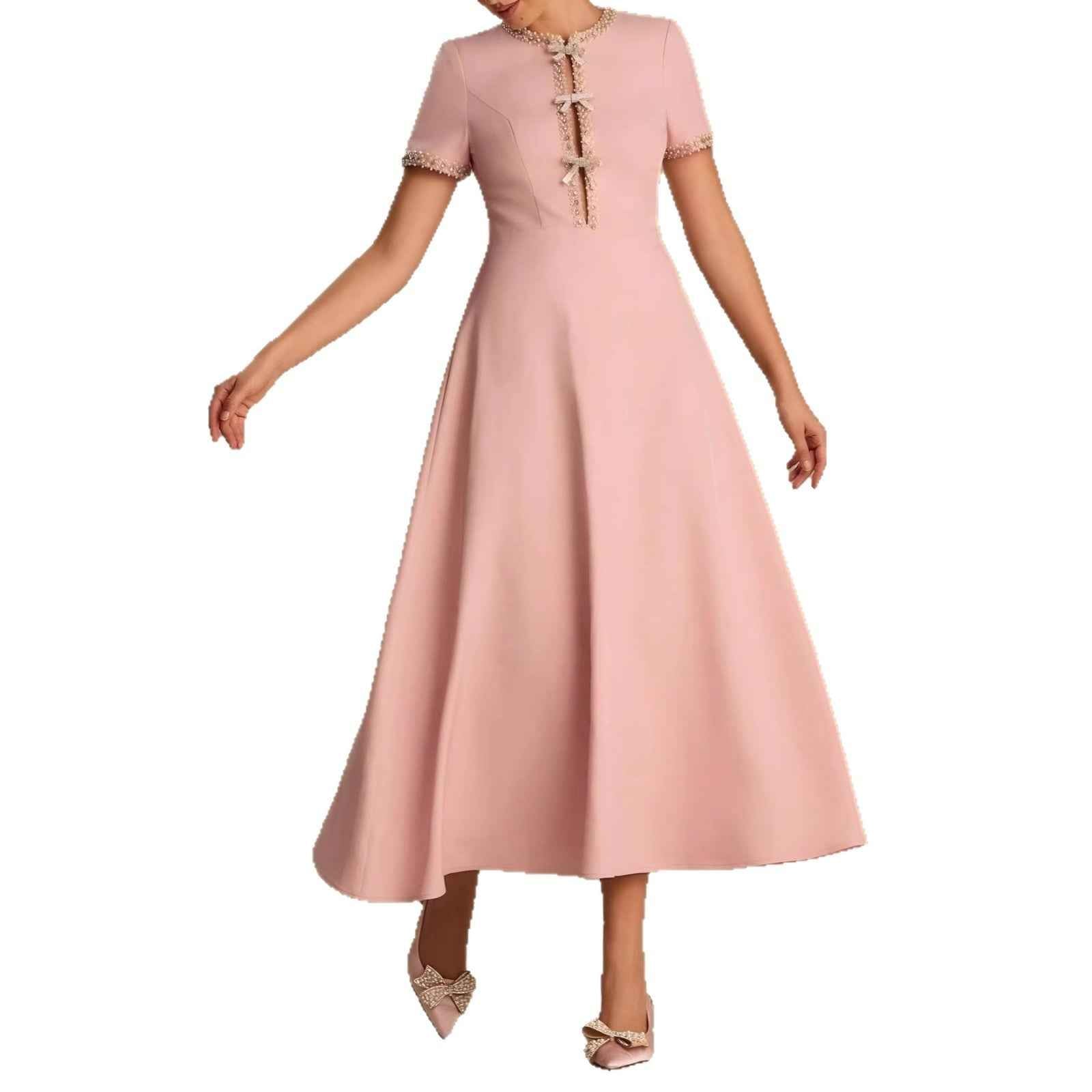 Rhinestone-Embellished A-Line Dress — High Waist, Elegant Office Wear