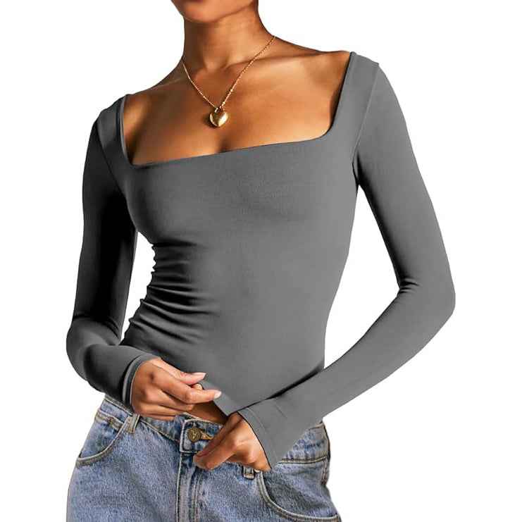 Square Neck Milk Silk Long Sleeve Top – Slim Fit Crop