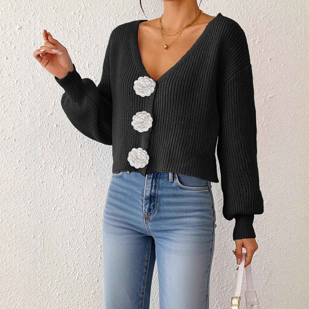 3D Floral Crochet Open-Front Cardigan – Cropped, Long Sleeve