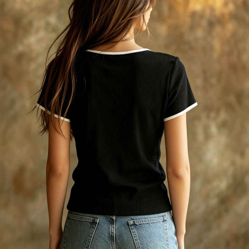Color-block V-neck Short-sleeve Top For Women Black And White
