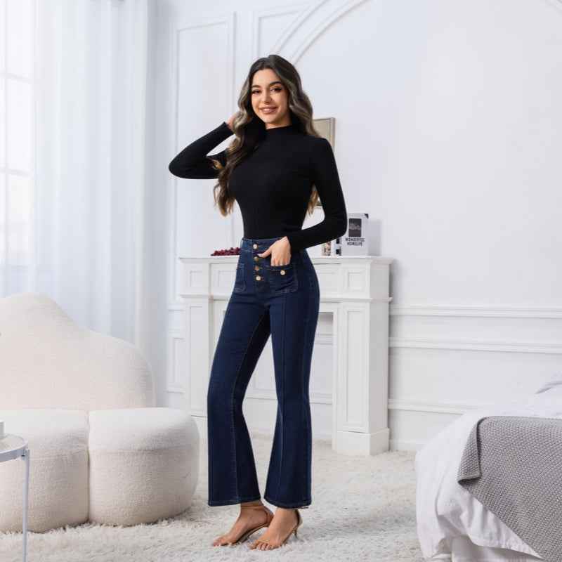 High-Waisted Gold Button Flare Jeans – Dark Wash Bootcut Denim