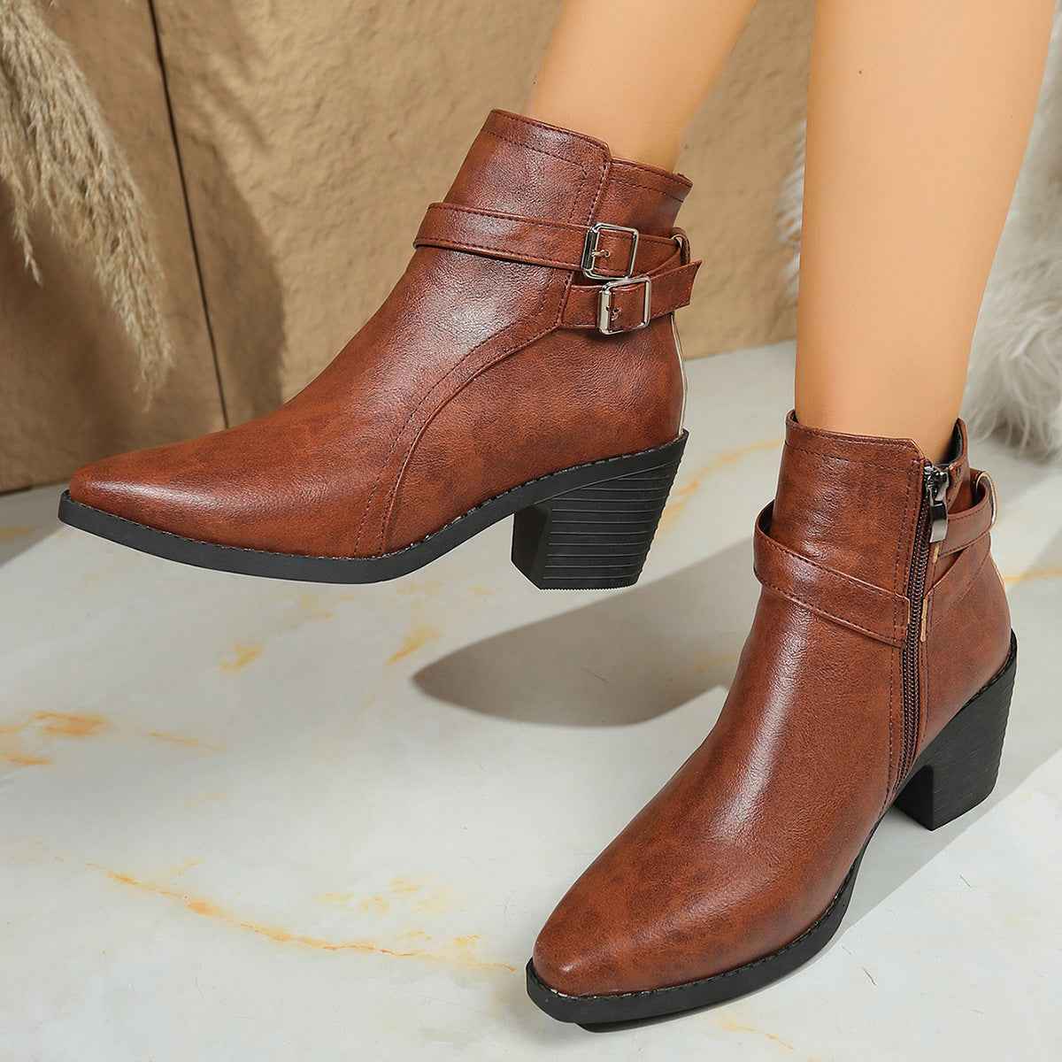 Chunky Heel Ankle Boots — Belt Buckle, Pointed Toe