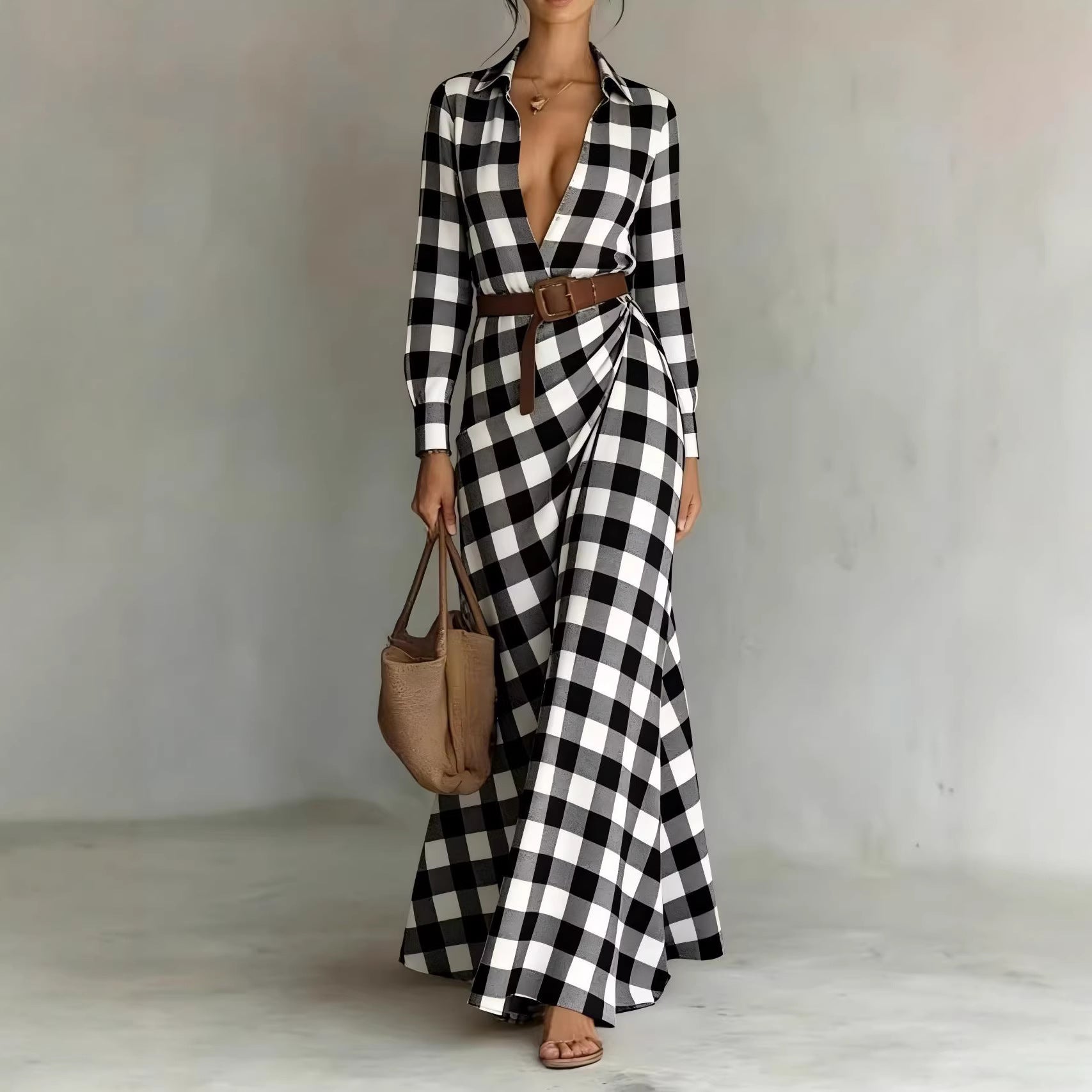 Slim-Fit Pleated Midi Dress with Belt — Plaid & Solid