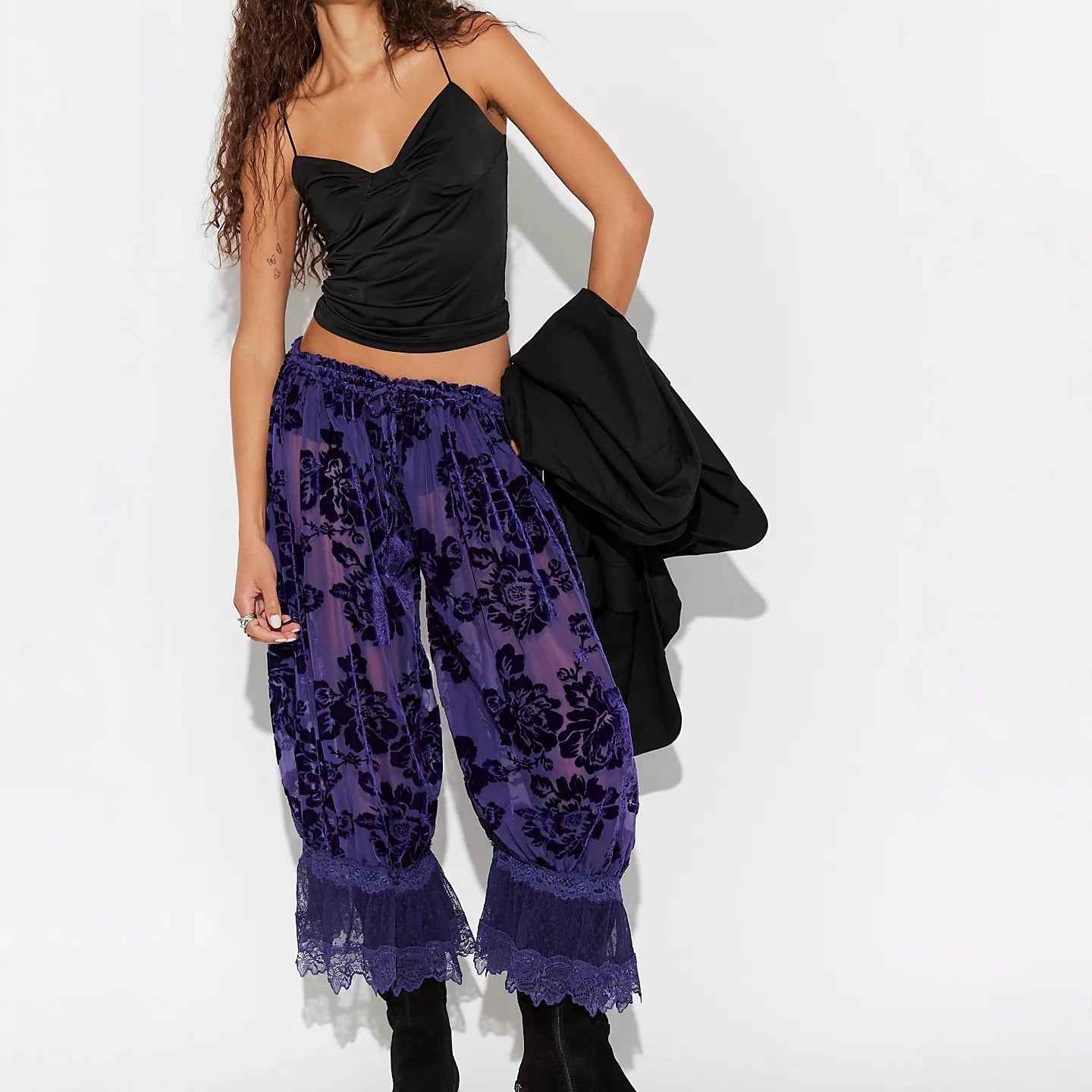 Women's High-Waist Lantern Cropped Trousers – Lace Trim, 5 Colours