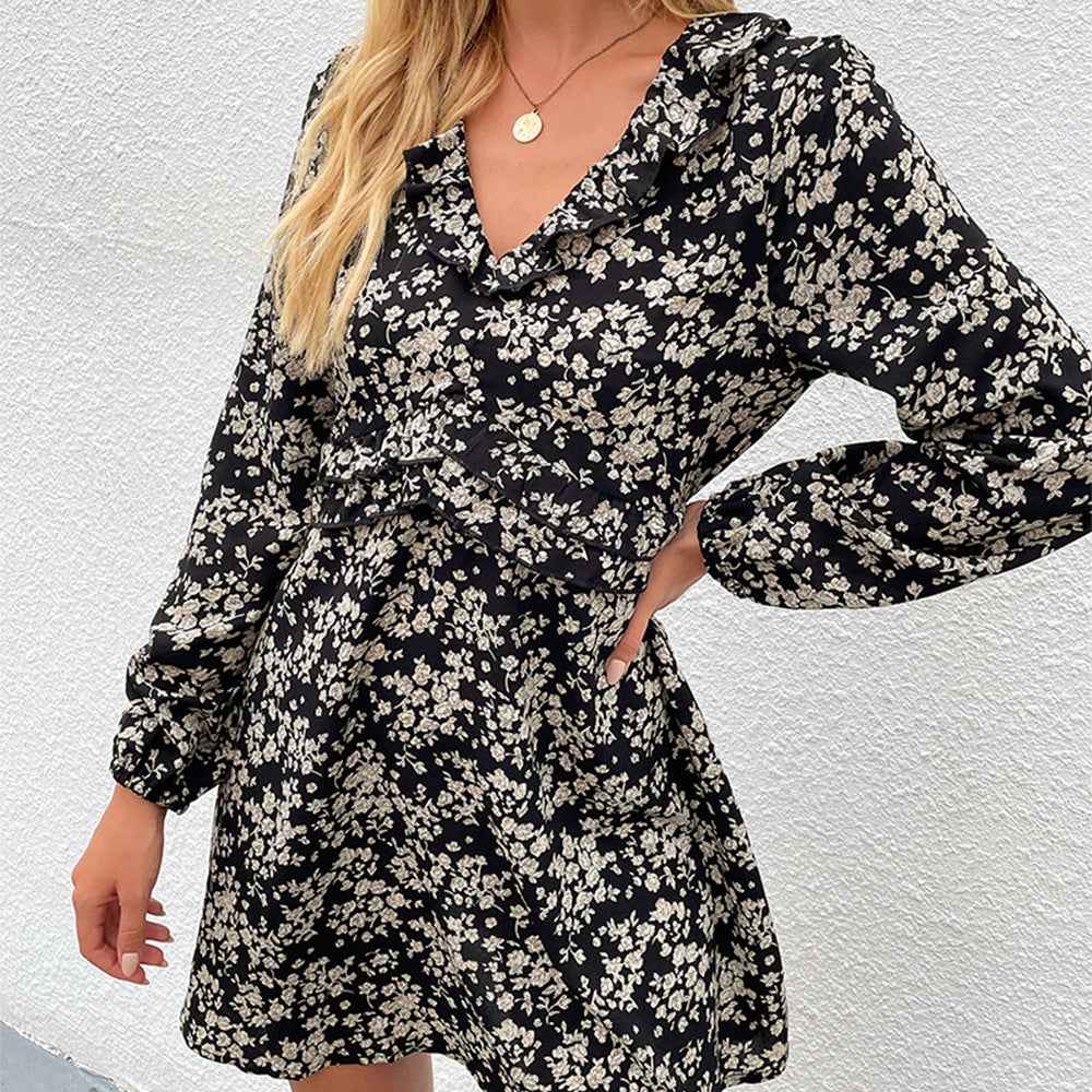 Womens Dress European And American Style V-neck Floral-print One-piece