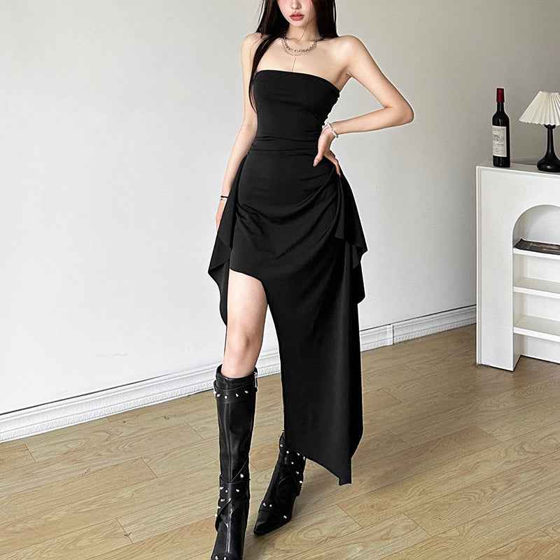 Women's Black Strapless Open-Back Midi Dress — Figure-Hugging Street Style