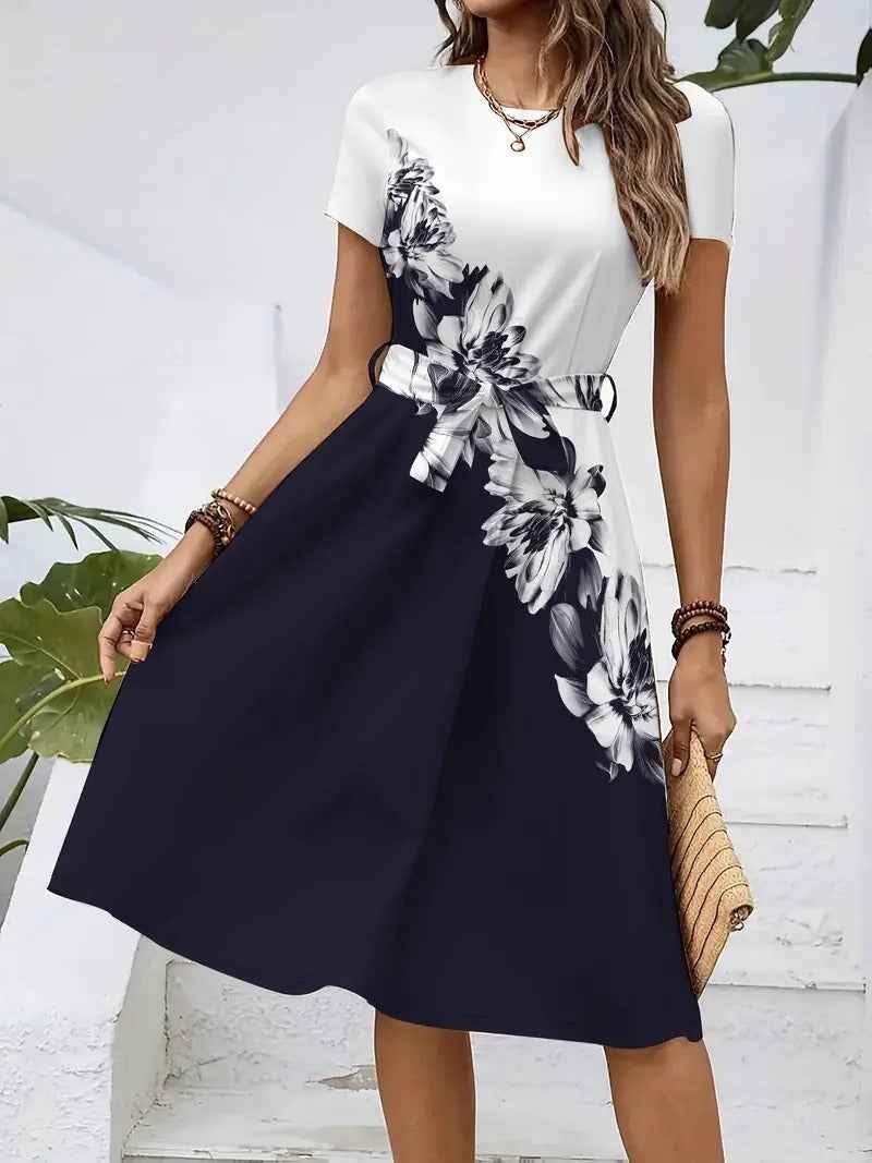 2026 New Women's Casual Printed Dress With Belt, Loose Fit