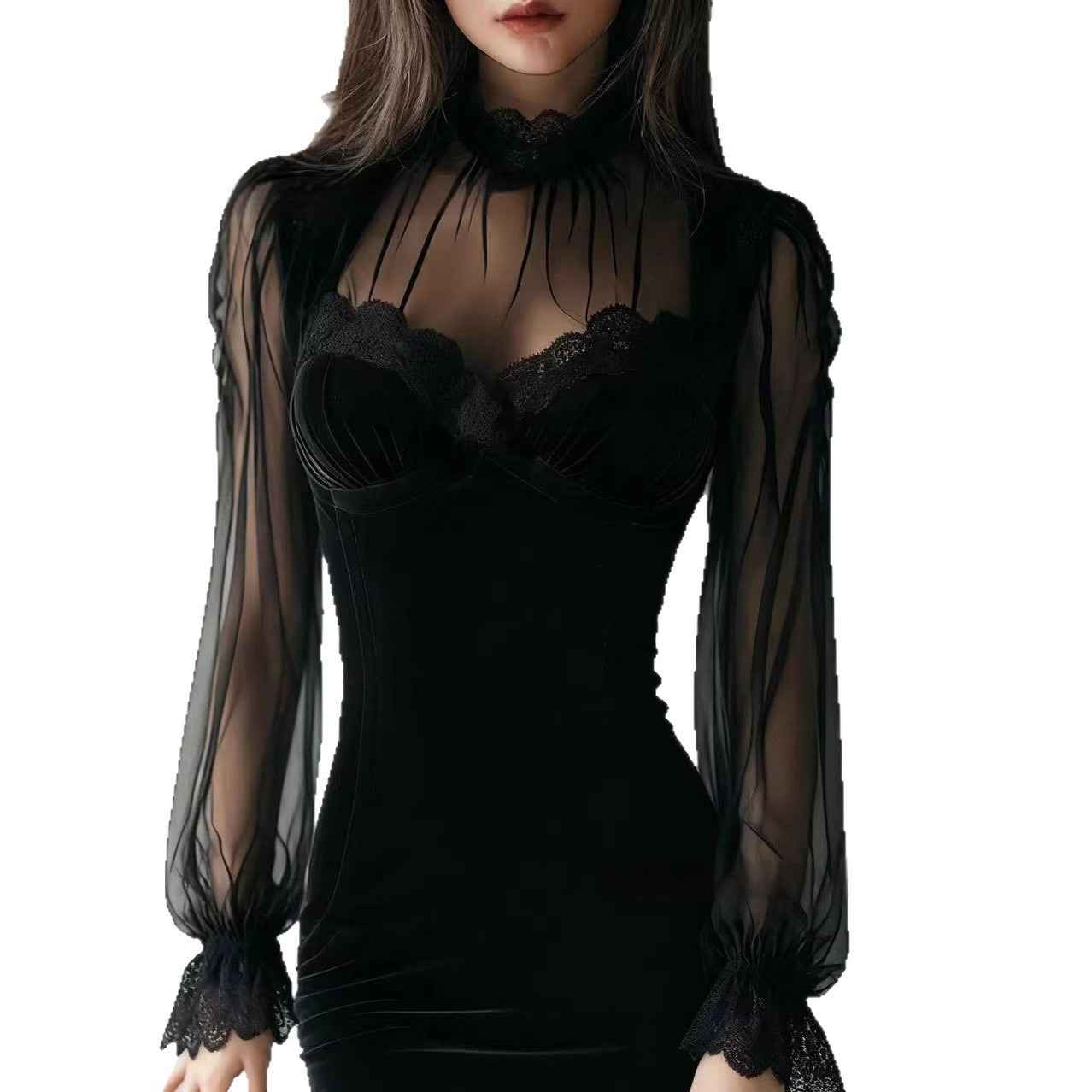 Velvet Mesh-Panel Bodycon Mini Dress — Long Sleeve, High Waist, Slim Fit
