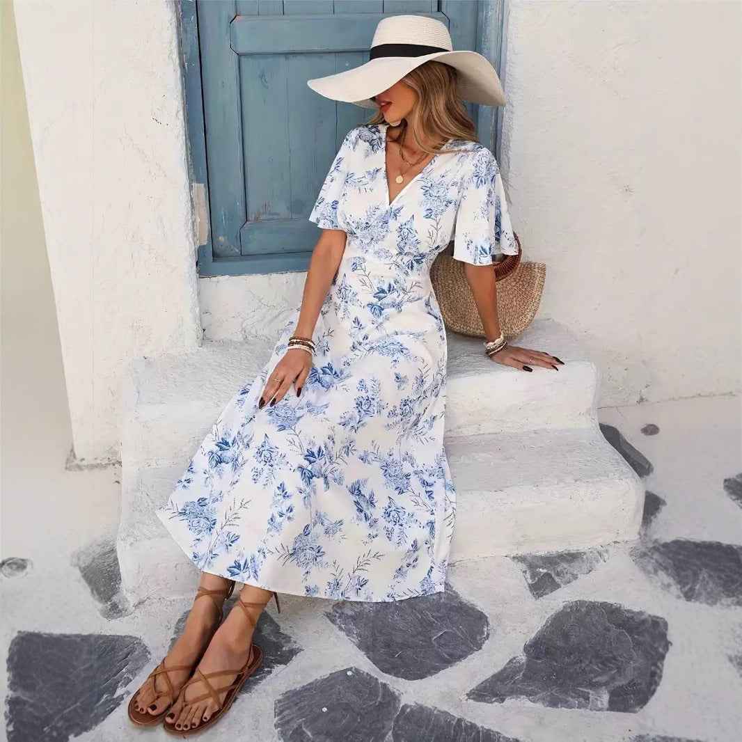 Floral Print Short-Sleeve Maxi Dress — High-Waist Beach Dress